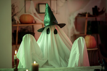 Person in Halloween costume of ghost with witch hat and burning candles at home