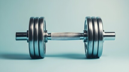 Naklejka premium A close-up view of a shiny dumbbell resting on a light solid color backdrop, showcasing the details of its grip,No blurriness
