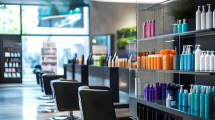 A stylish hair salon interior featuring modern decor, sleek furniture, and vibrant hair products displayed on shelves,No blurriness