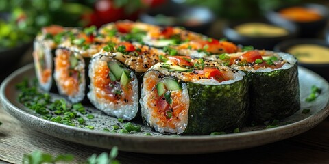 Close-up of a Plate of Sushi Rolls with Cucumber, Salmon, and Sesame Seeds