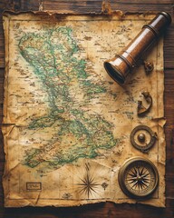 Fototapeta na wymiar top view of vintage map with telescope and compass
