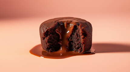 a chocolate fondant with molten chocolate oozing from the center against an isolated pastel orange background