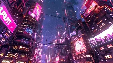 Cyberpunk Cityscape with Neon Lights and Snow
