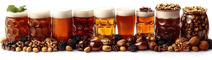 A vibrant arrangement of various types of beer in distinct glasses, showcasing a spectrum of amber, golden, and deep brown hues, with frothy white heads.