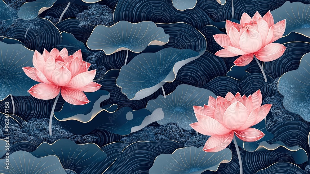 Wall mural Pink Lotus Flowers and Blue Water Lily Leaves on a Dark Blue Background