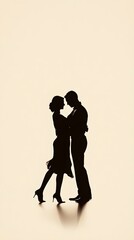 A couple engaged in a passionate tango, their silhouettes highlighted against a light solid color background, emphasizing their connection,No blurriness