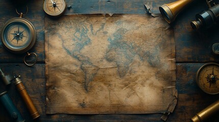 top view of vintage map with telescope and compass