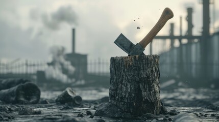 Fototapeta premium A solitary axe embedded in a weathered tree stump against the backdrop of an industrial wasteland. The scene conveys a sense of desolation and abandonment, with factory smokestacks emitting smoke in