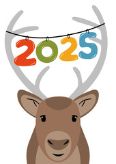 Fototapeta premium Reindeer with 2025 on a white background - vector CMYK