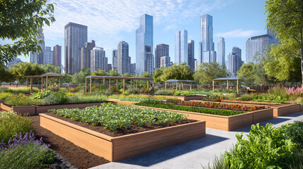 Fototapeta premium A rooftop garden in an urban setting with diverse plants, green eco-friendly city