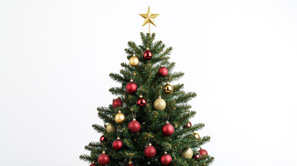 a christmas tree with red and gold baubles and a star on top against an isolated white background