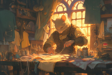 mouse beastfolk sewing fabric in a sunlit workshop surrounded by various tools and vibrant textiles