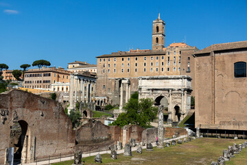 Panoramic view of the Roman Forum, including the Monument to Vittorio Emanuele II, the Tempio della Pace, Curia Iulia, Chiesa Santi Luca e Martina Martiri, and the Temple of Venus Genetrix, Italy