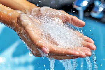 Fototapeta premium Washing hands with soap and water by a sink in a bright kitchen, showcasing cleanliness and hygiene during daytime. Generative AI