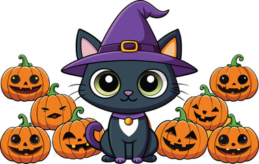 Black cat background with pumpkins and witch hat - Halloween Background illustration 