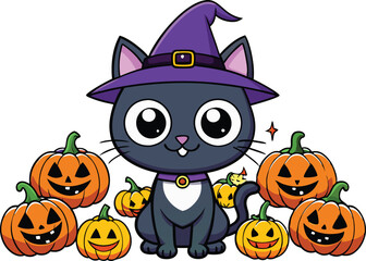 Black cat background with pumpkins and witch hat - Halloween Background illustration 