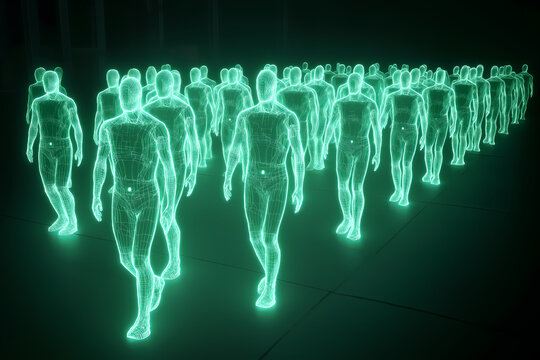Abstract human figures made of glowing circuits, AI clones