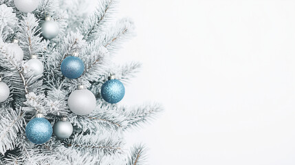 a frosted christmas tree with silver and blue ornaments against an isolated white background