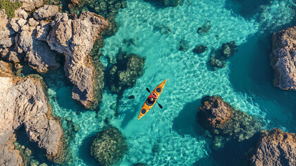 Aerial view of a kayaker navigating through clear turquoise waters between rocky formations. This adventurous image is perfect for promoting outdoor activities, water sports, and the beauty of nature