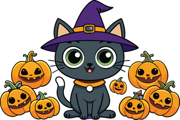 Black cat background with pumpkins and witch hat - Halloween Background illustration 