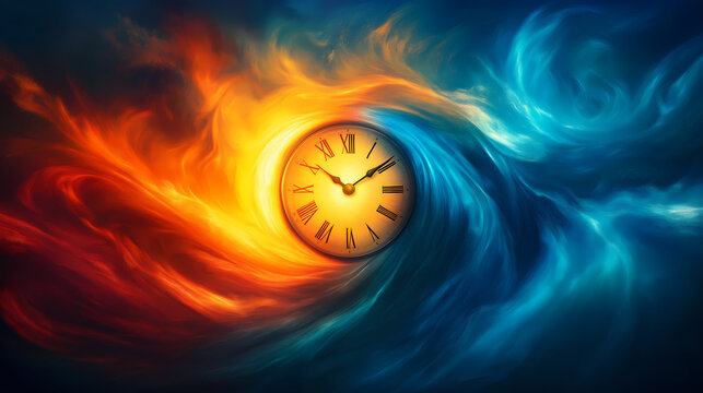 A fiery alarm clock with a cosmic burst of light and energy symbolizes the importance of time and eternity