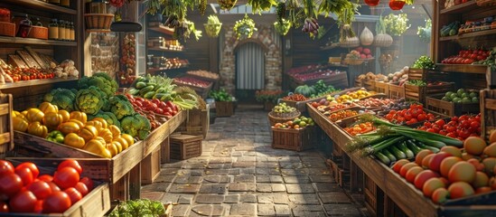 Fototapeta premium Vibrant Produce Display in a Local Market Exploring the Essence of Community and Commerce This image showcases a bustling marketplace filled with an array of fresh colorful produce