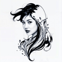 a stylized digital illustration of a woman's face and flowing hair.
