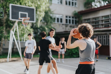 A group of friends engaging in a lively game of basketball on an aged court in their neighborhood, enjoying camaraderie and physical activity.