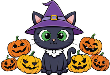 Black cat background with pumpkins and witch hat - Halloween Background illustration 