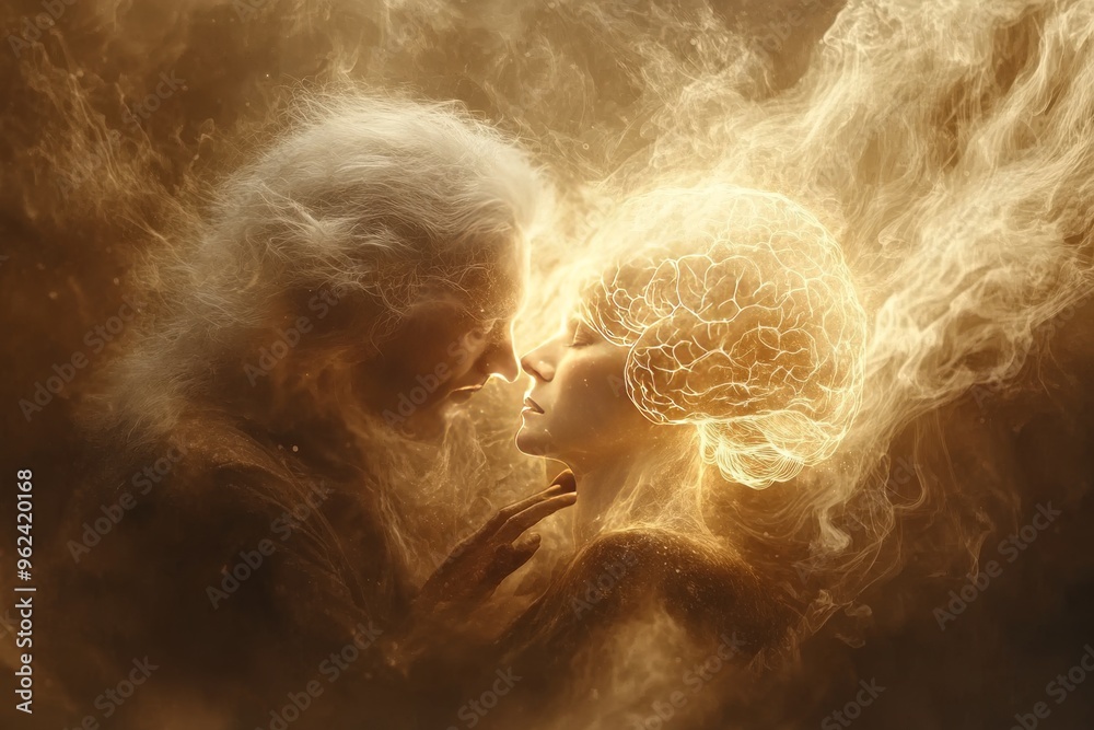 Canvas Prints Cognitive apparatus Limbic system Elderly figure with glowing brain facing luminous human face representing the transfer of knowledge wisdom and mental energy across generations