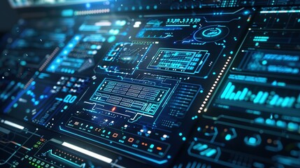 Fototapeta premium Futuristic Digital Interface with Blue Glowing Lines and Data Displays