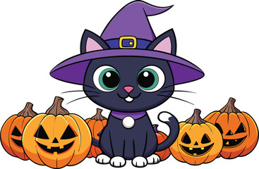 Black cat background with pumpkins and witch hat - Halloween Background illustration 