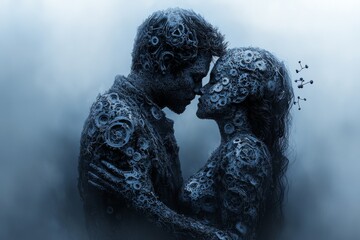Brain regions Limbic system Enigmatic couple intertwined with complex textures resembling human brain symbolizing deep connection and intertwined thoughts in a foggy dreamlike atmosphere