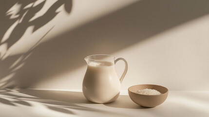 Fototapeta premium a jug of rice milk with a small bowl of rice against an isolated ivory background