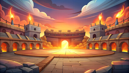 Sunset Arena with Glowing Torches and Epic Battle Grounds, Battle Arena Game Background