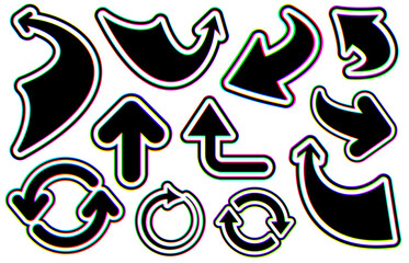 Fototapeta premium Collection of glitch-style arrows and circular icons with bold distortion effects. Vector illustration ideal for tech and creative designs.