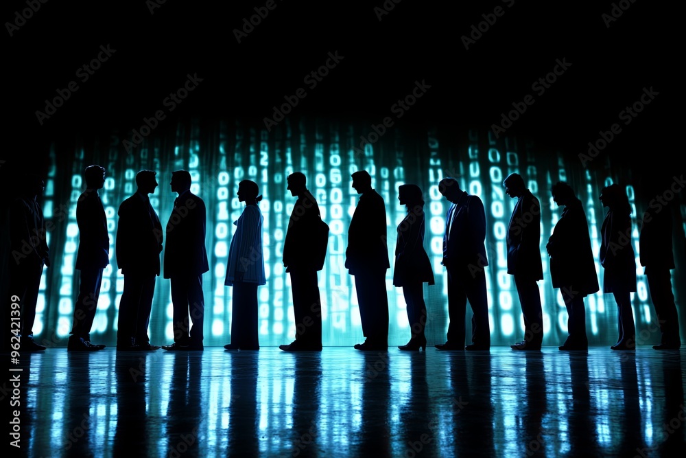  silhouetted figures against a backdrop of binary code in a dimly lit environment during a tech event