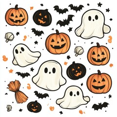 Cute Halloween Illustration with Pumpkins, Ghosts, and Bats