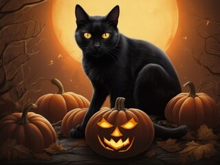 Black cat with glowing eyes sitting by a jack-o'-lantern against a full moon, Halloween theme