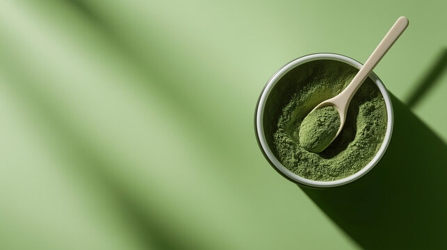 a powder jar of chlorella supplement with a small scoop filled with powder against an isolated soft mint background