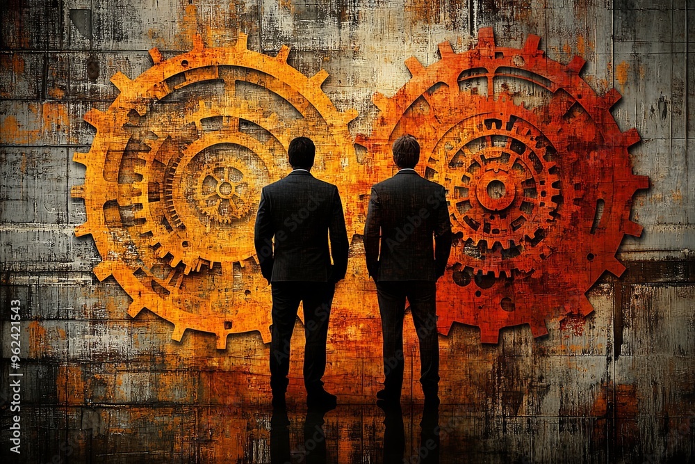 Wall mural two men stand in front of large orange gears against a textured wall during a corporate brainstormin