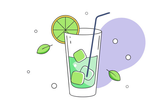 recommend clip art: Vibrant Line Drawing of a Mojito Glass Lime, Mint, and Ice Cubes Illustration