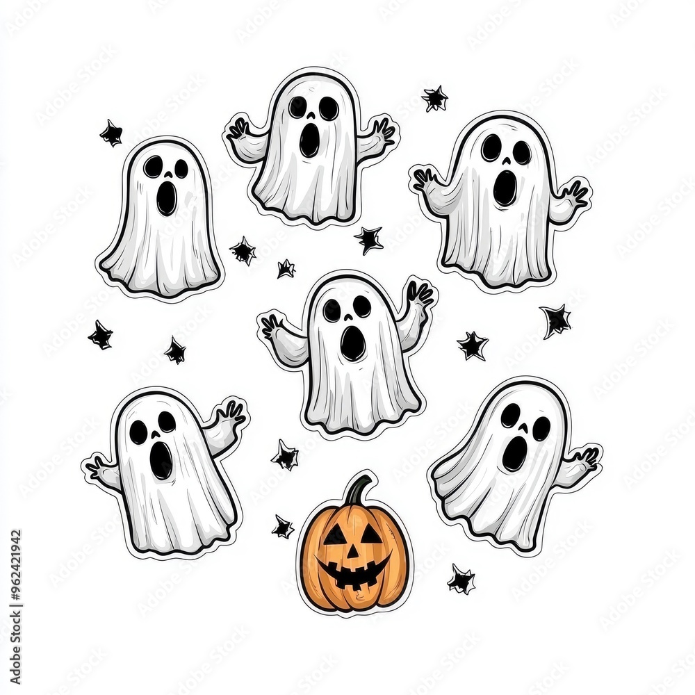 Wall mural Cute Halloween Ghost and Pumpkin Cartoon Illustration