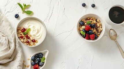 Minimalist breakfast with granola and yogurt in a bowl coffee mug and fresh berries on a white table a perfect healthy and simple morning meal styled with elegance for food photography enthusiasts