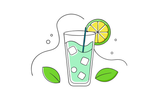 recommend clip art: Vibrant Line Drawing of a Mojito Glass Lime, Mint, and Ice Cubes Illustration