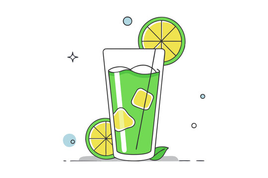 recommend clip art: Vibrant Line Drawing of a Mojito Glass Lime, Mint, and Ice Cubes Illustration