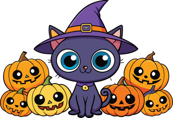 Black cat background with pumpkins and witch hat - Halloween Background illustration 