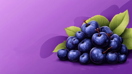 A vibrant pile of ripe, juicy purple plums with green leaves, arranged on a purple background, evoking freshness and nature.