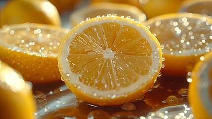 Close-up of a lemon slice with water droplets,  resting on a surface with lemon juice, surrounded by other lemon slices.