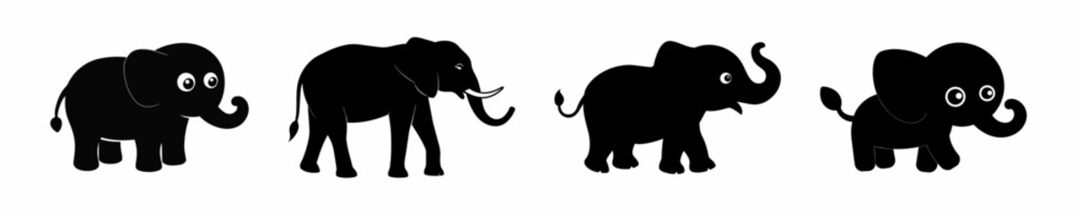 Obraz premium Black Silhouettes of Elephants Isolated on a White Background. Concept of Wildlife Illustration, Animal Icons, Minimalist Style, Cute Baby Elephants, Print Design Elements.